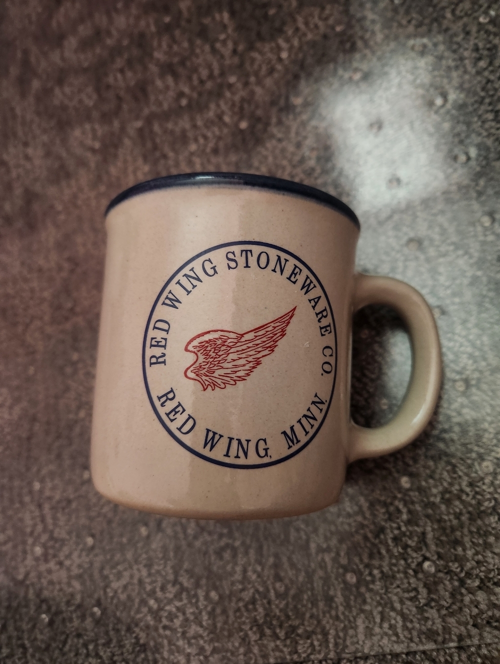 Vintage Red Wing Stoneware Minnesota Coffee Mug Blue rim Thimb handle Stamped